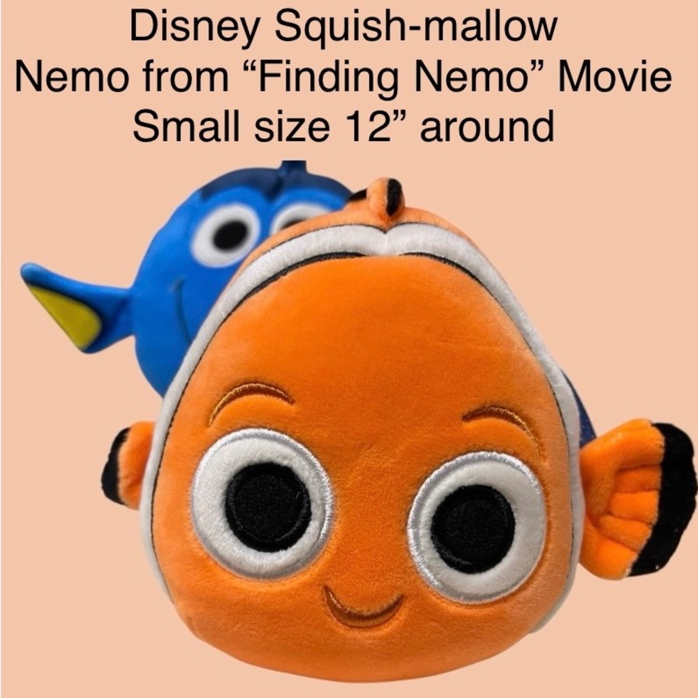 Disney Squish-mallow NWT “Nemo” of Finding Nemo movie OrangeWhite&blk Fish Plush